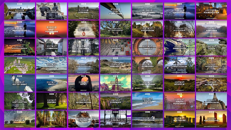 A montage of 28 different artworks for audio series overlaid on a purple background
